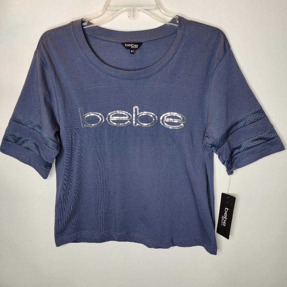 Bebe Sport Top Short Sleeve Blue Sequins Boxy Cut Women's Size Medium NWT